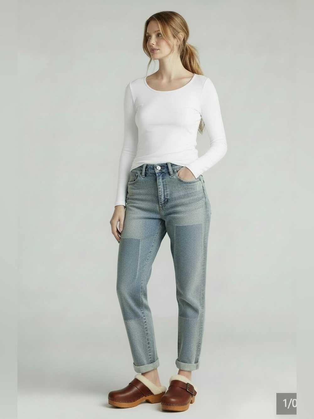 Signature by Levi Strauss Blue Patchwork Boyfriend Jeans with Rolled Hems